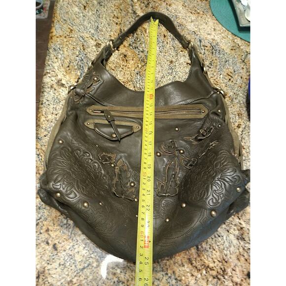 Cole Haan G Series Olive Green leaves applique hobo bag purse Shoulder Leather - Picture 6 of 12